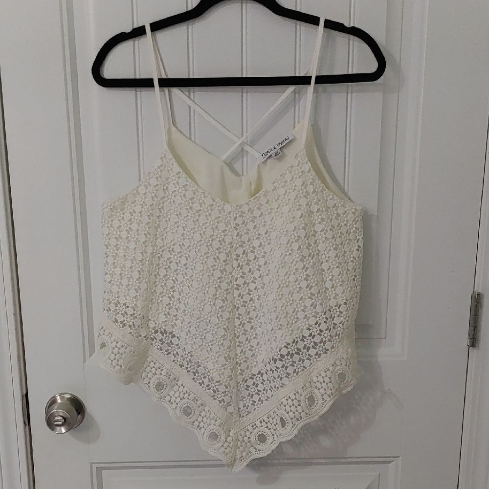 Dance & Marvel Cream Asymmetrical Cropped Crochet Camisole